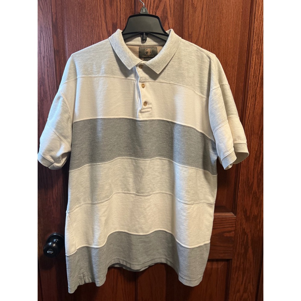 Duck Head Striped Polo Shirt Short Sleeve Casual Cotton Blend XL Cream Gray
